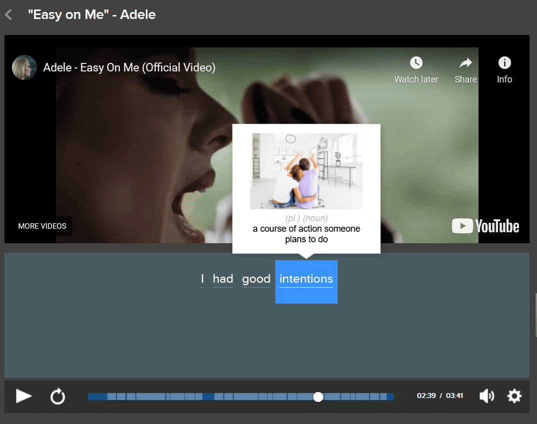 Screenshot showing Adele's 'Easy on Me' in FluentU
