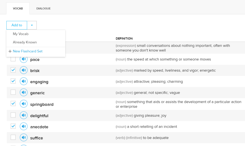 FluentU screenshot showing vocabulary list