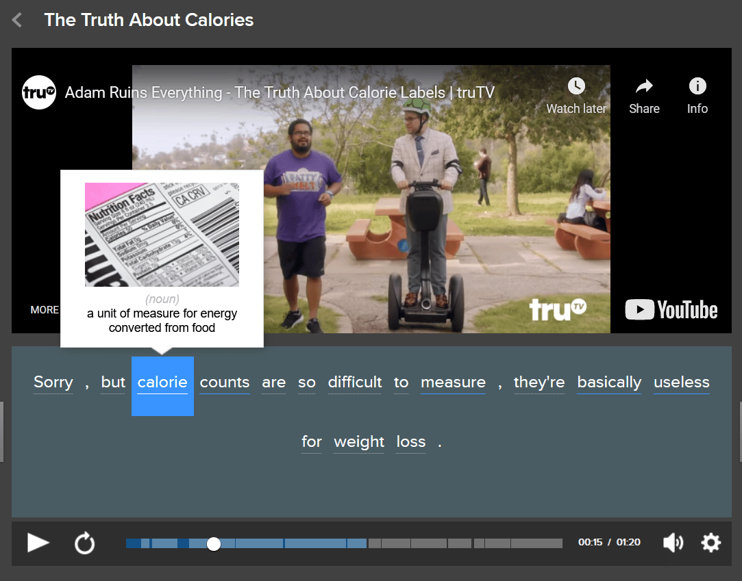 Screenshot of 'The Truth About Calories' in FluentU