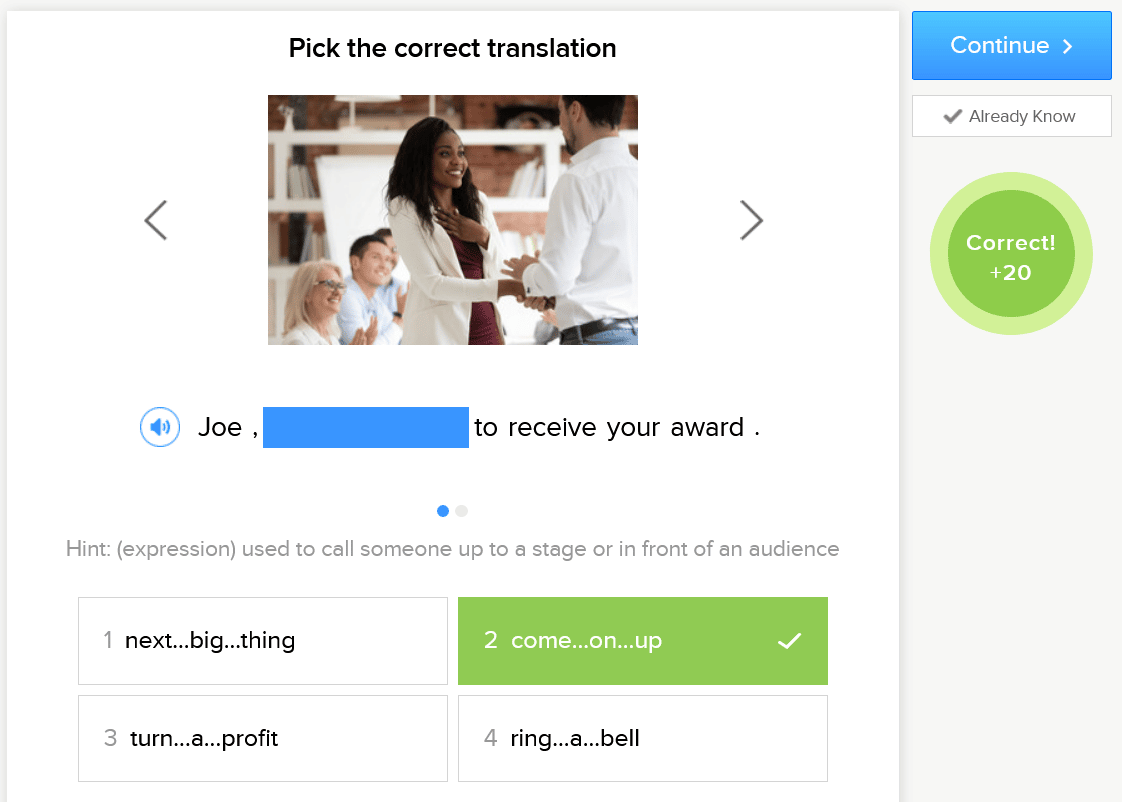 Screenshot showing FluentU quiz