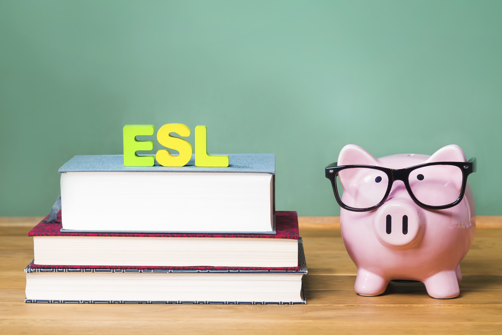 toy pig with glasses next to a stack of books with the letters ESL on top