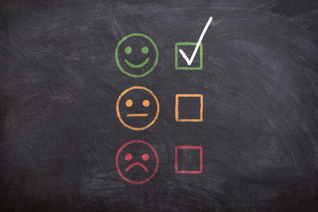 chalkboard showing happy smiley with checkbox checked and neutral and unhappy smileys with checkboxes unchecked