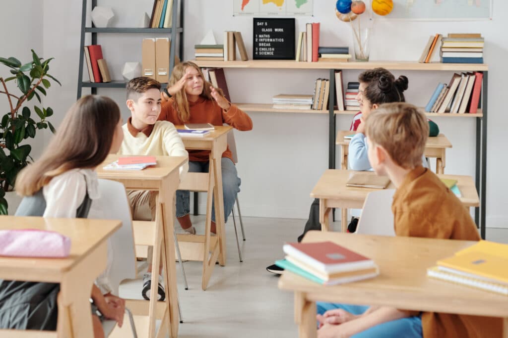 Children talking in a classroom