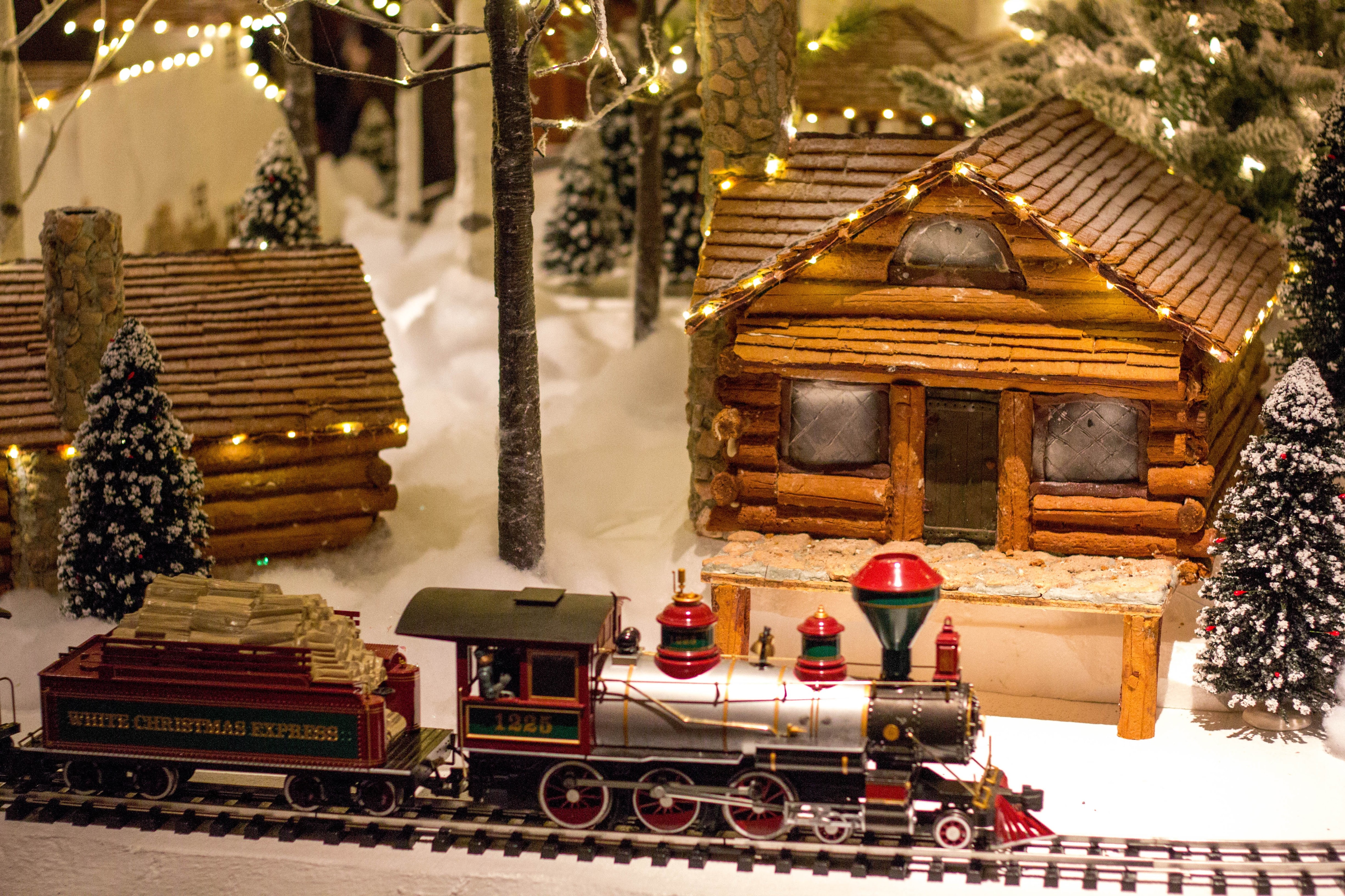 A train and Christmas decorations under a tree