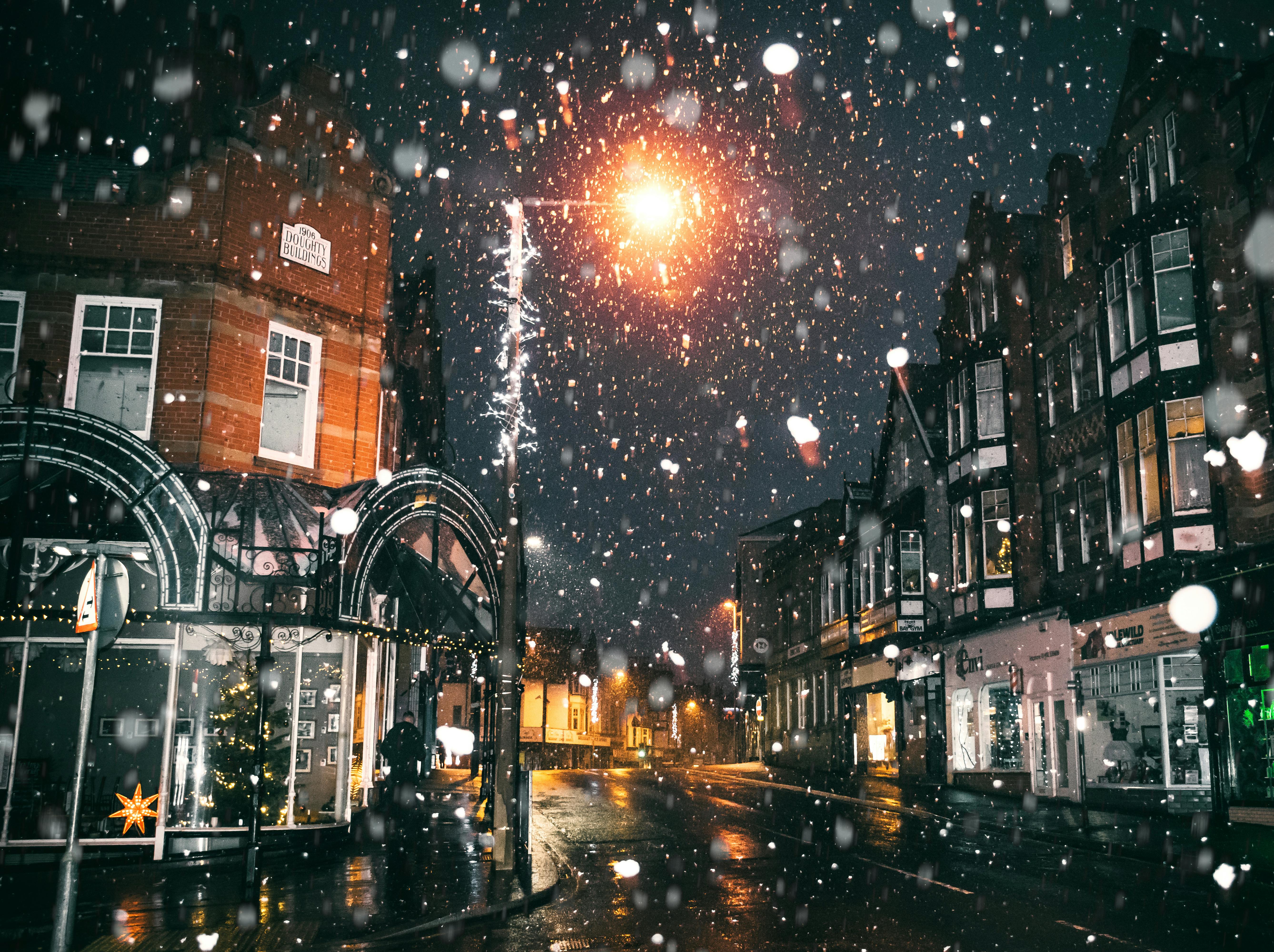 A snowy city street at Christmas