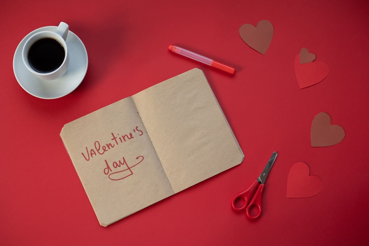 Notebook with Valentine's Day written on it