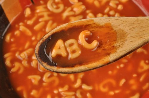 Spoonful of alphabet soup with pasta shapes A, B, and C