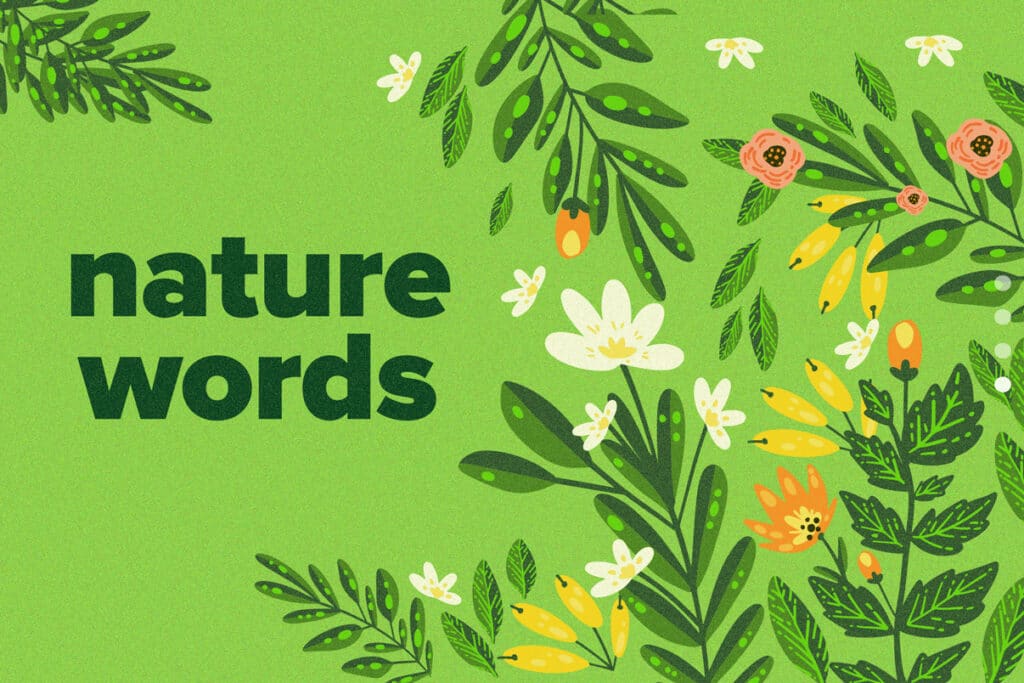 Text reading "nature words" over green background with flowers