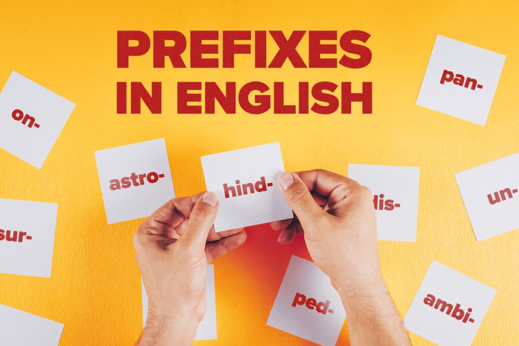 préfixes en anglais sur des flashcards sur fond jaune