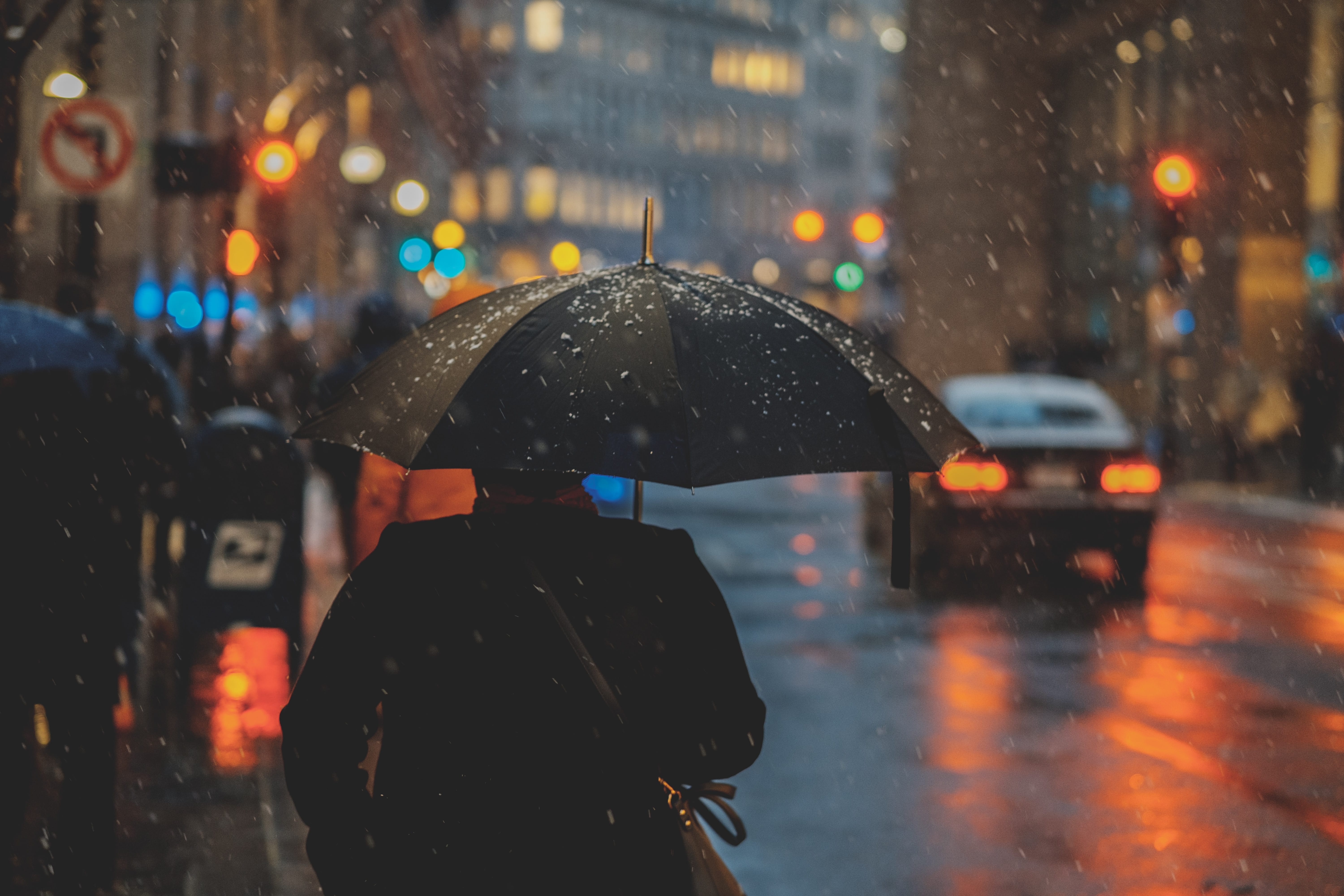 A person walks with an umbrella in a rainy city