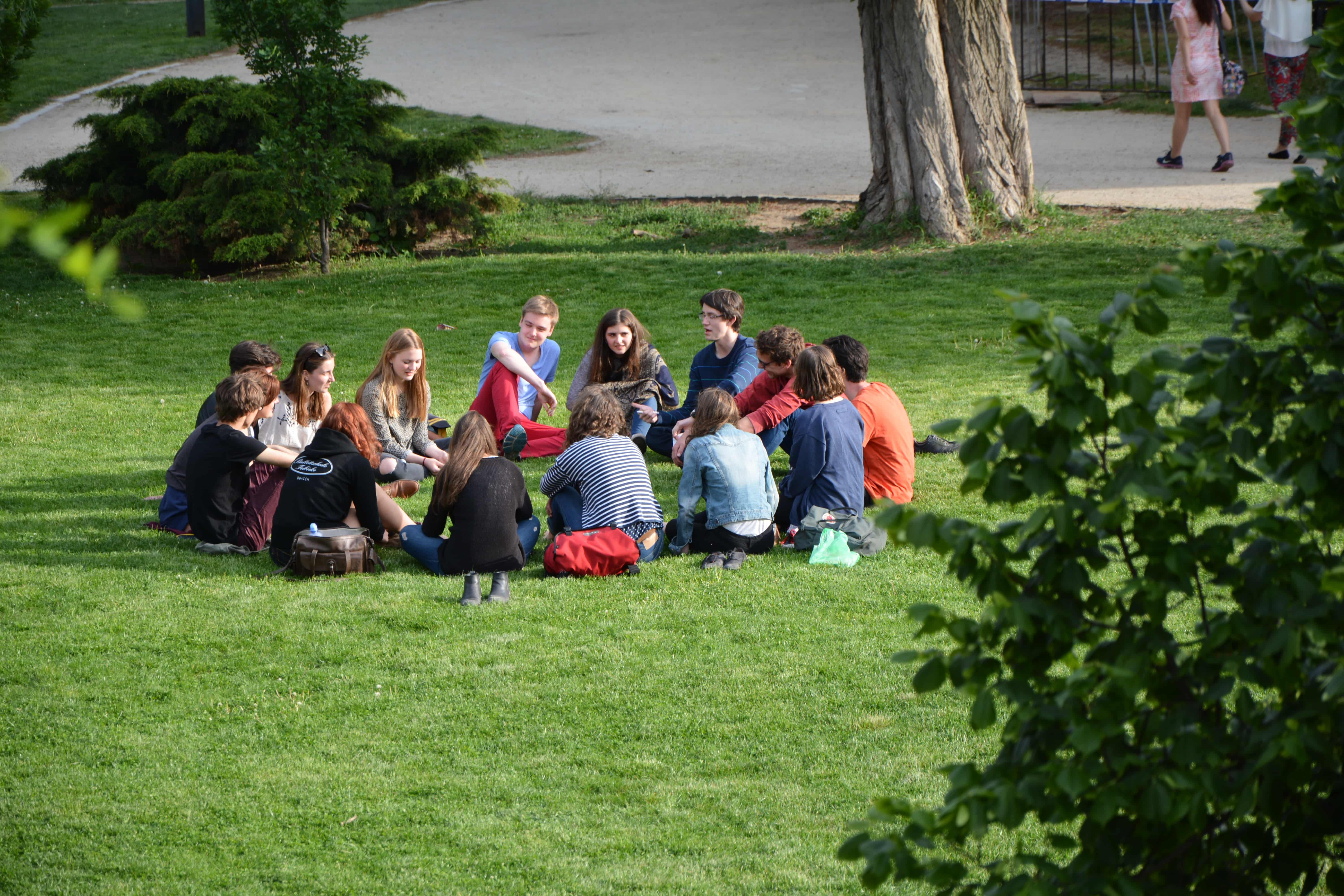 A group of students sits on the grass and talks