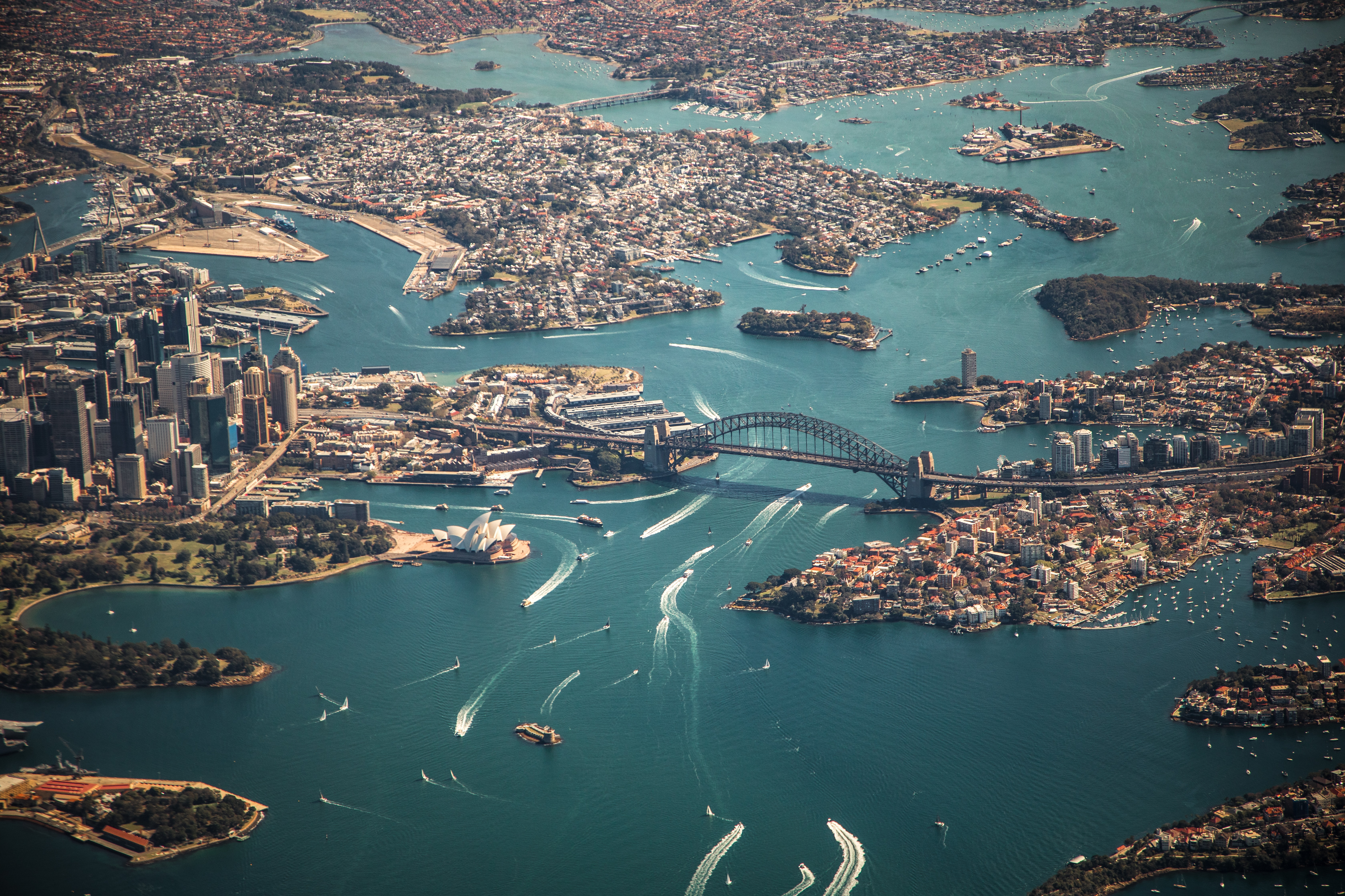 An overhead view of Sydney Harbor