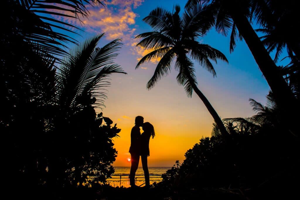 A couple has a romantic kiss under palm trees at sunset