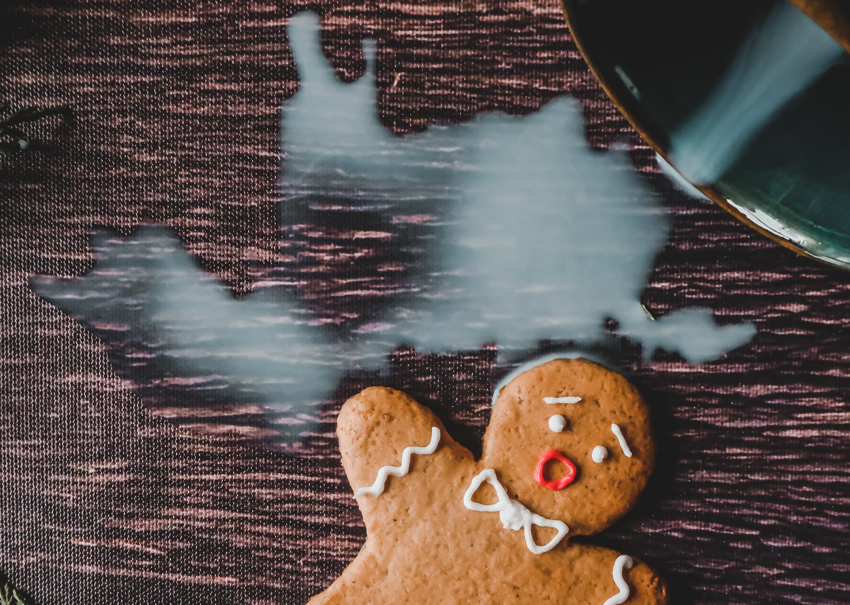 Spilled milk on a table beside a gingerbread man