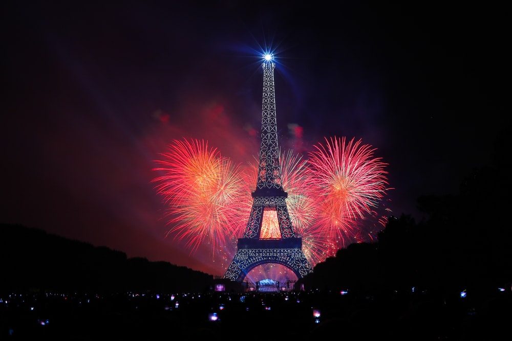 A fireworks display behind the Eiffel Tower at night