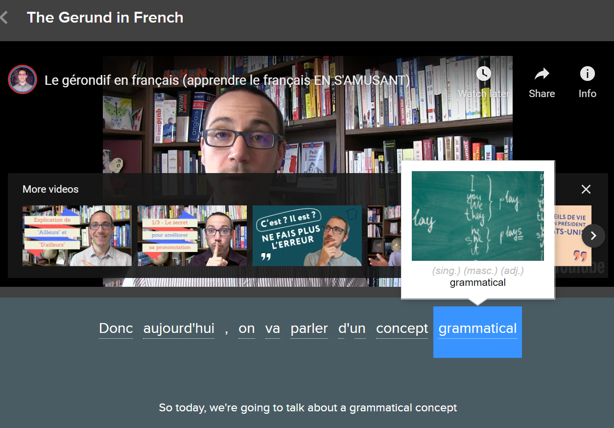 A screen from a FluentU video about the French Gerund