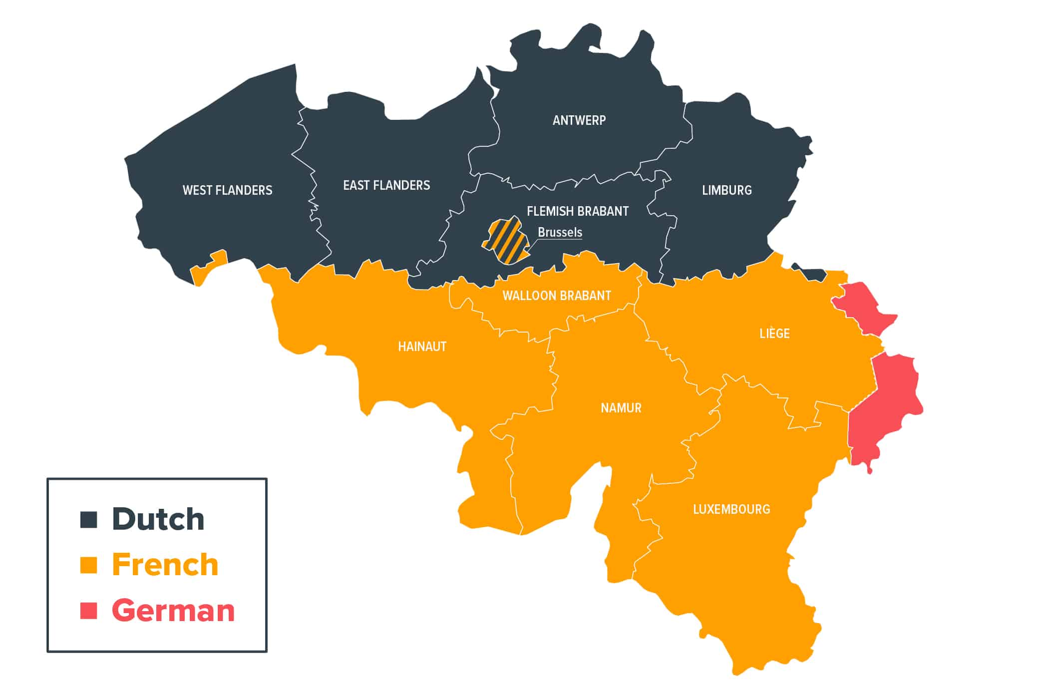 infographic map of the nine languages spoken in Belgium and where they are spoken