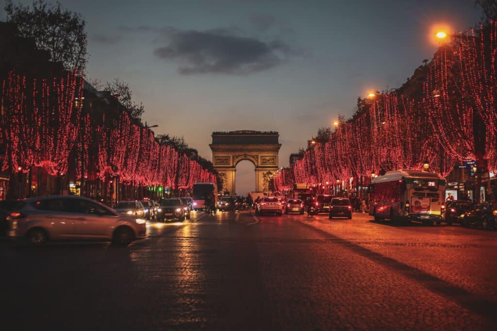 Christmas lights leading to the Arc de Triomphe in Paris.
