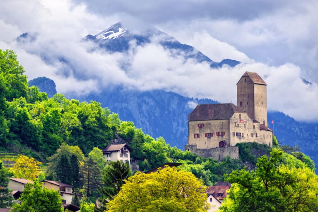 Green trees and cloud next to Sargans Castle in Switzerland