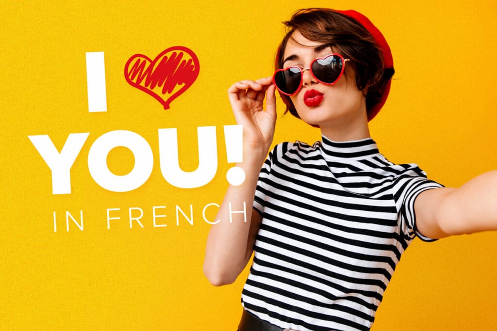 Woman on yellow background with "I love you in French" text