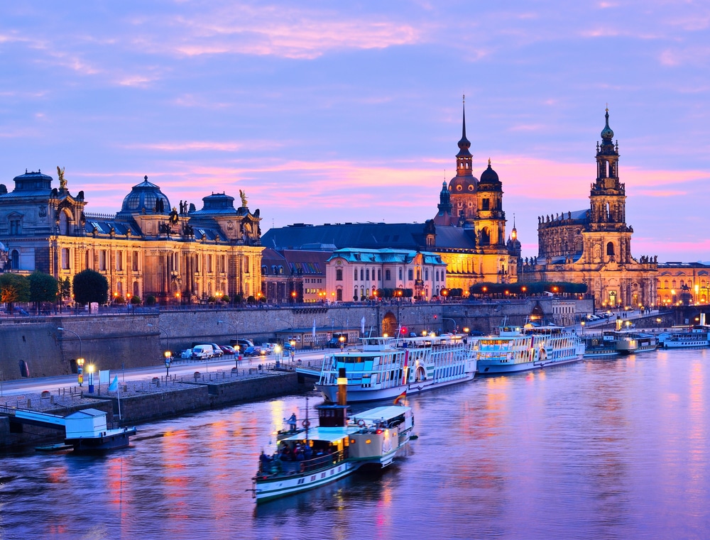 Dresden skyline viewed from the Elbe River at sunset