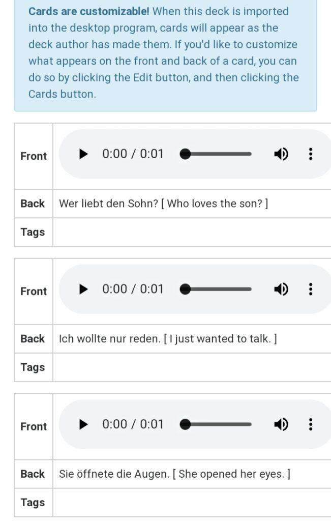 Screenshot of German flashcards on AnkiDroid app