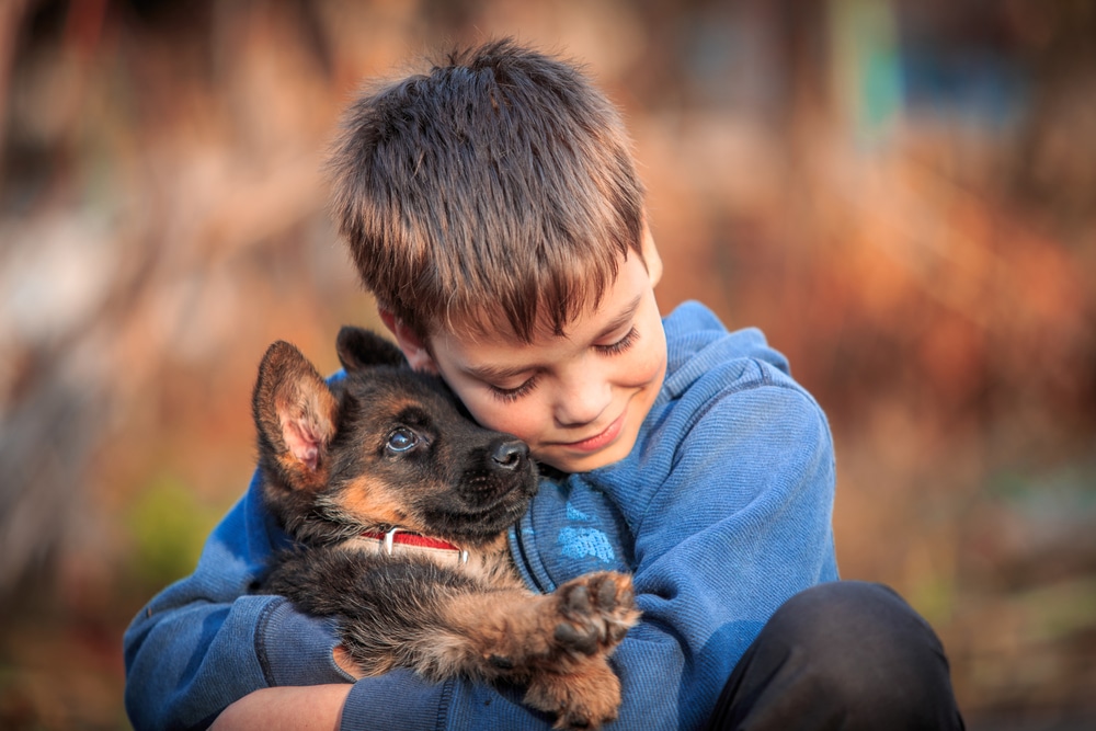 A boy hugging a puppy