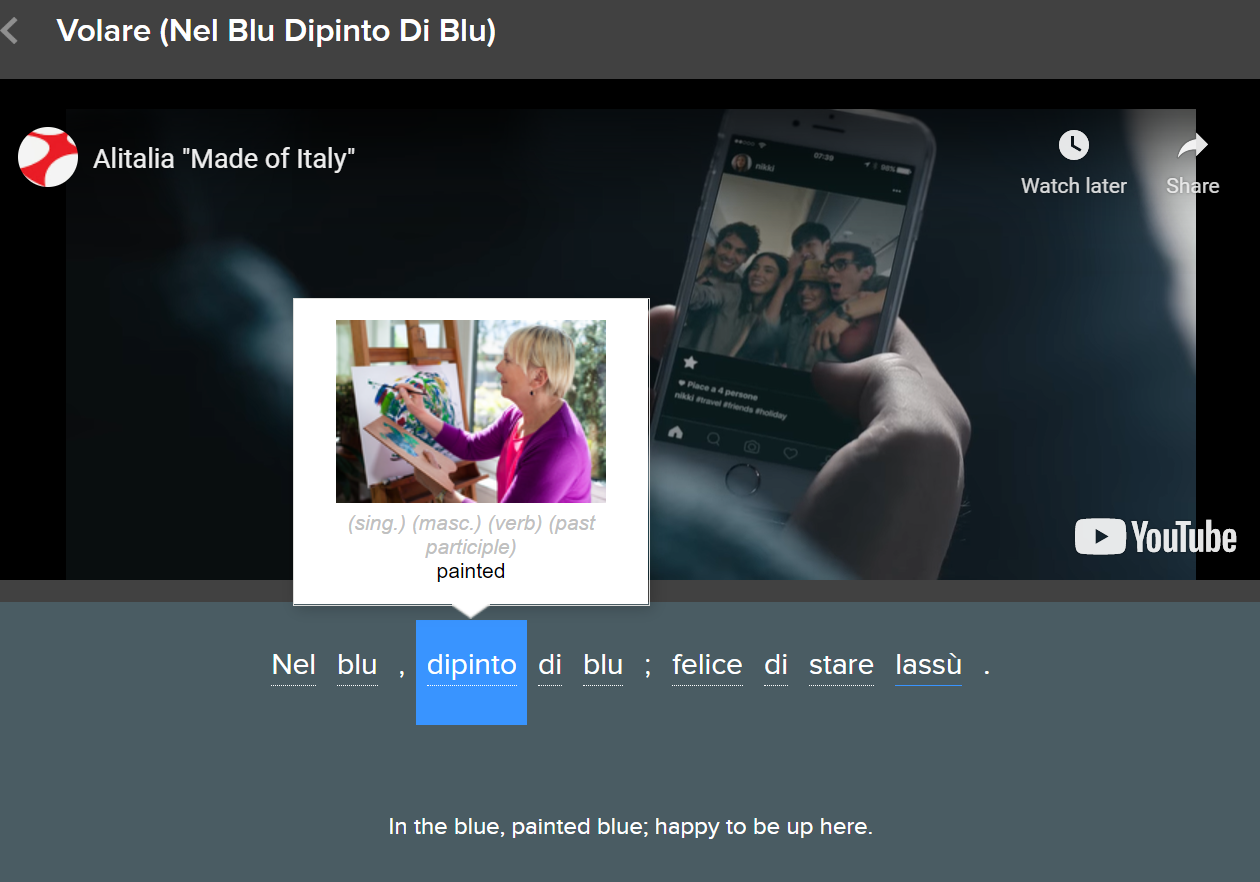 screenshot from within fluentu video "nel blu dipinto di blu"