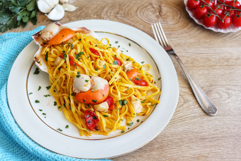 A plate of Italian-style seafood pasta.