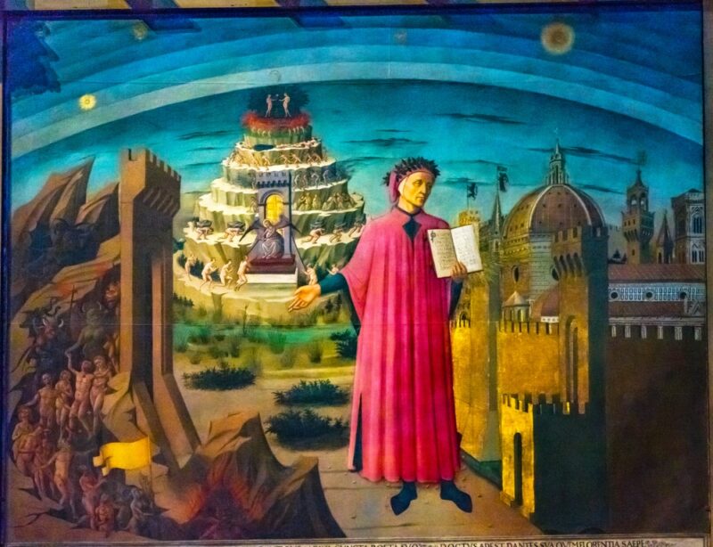 The painting “Dante and His Poem” by Domenico di Michelino, picturing the poet Dante surrounded by scenes from “The Divine Comedy.”