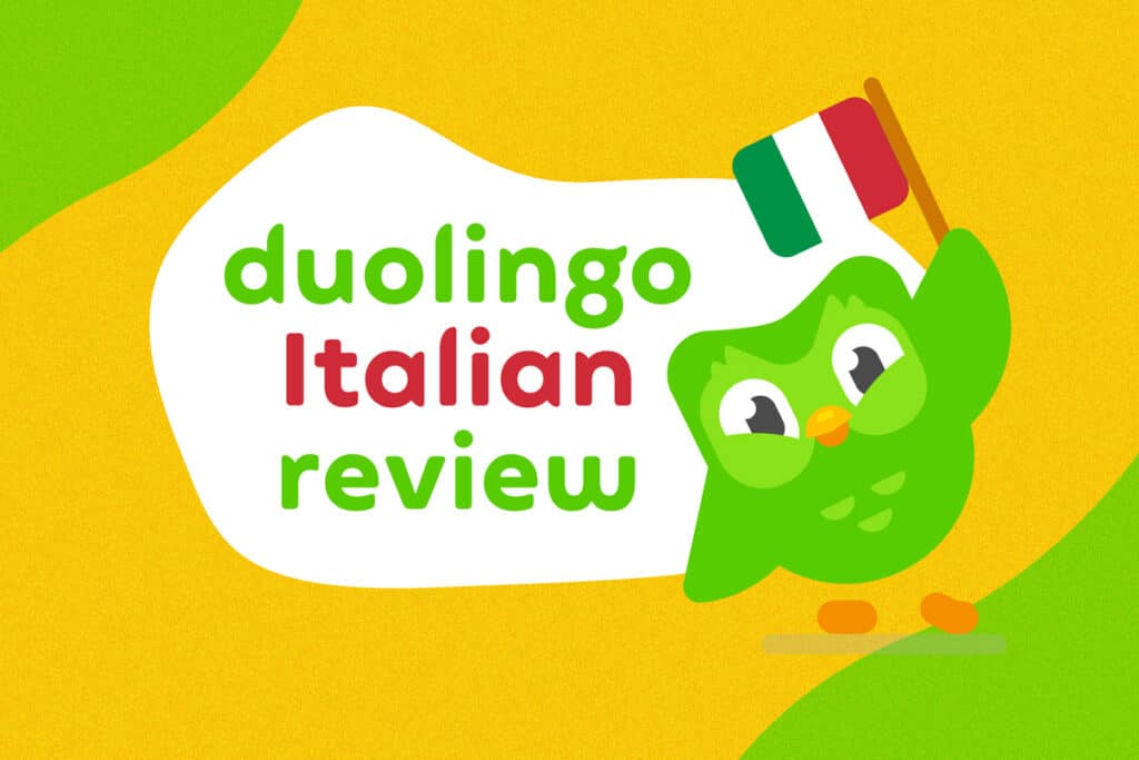duolingo owl holding the italian flag against a yellow and green background that says "duolingo italian review"