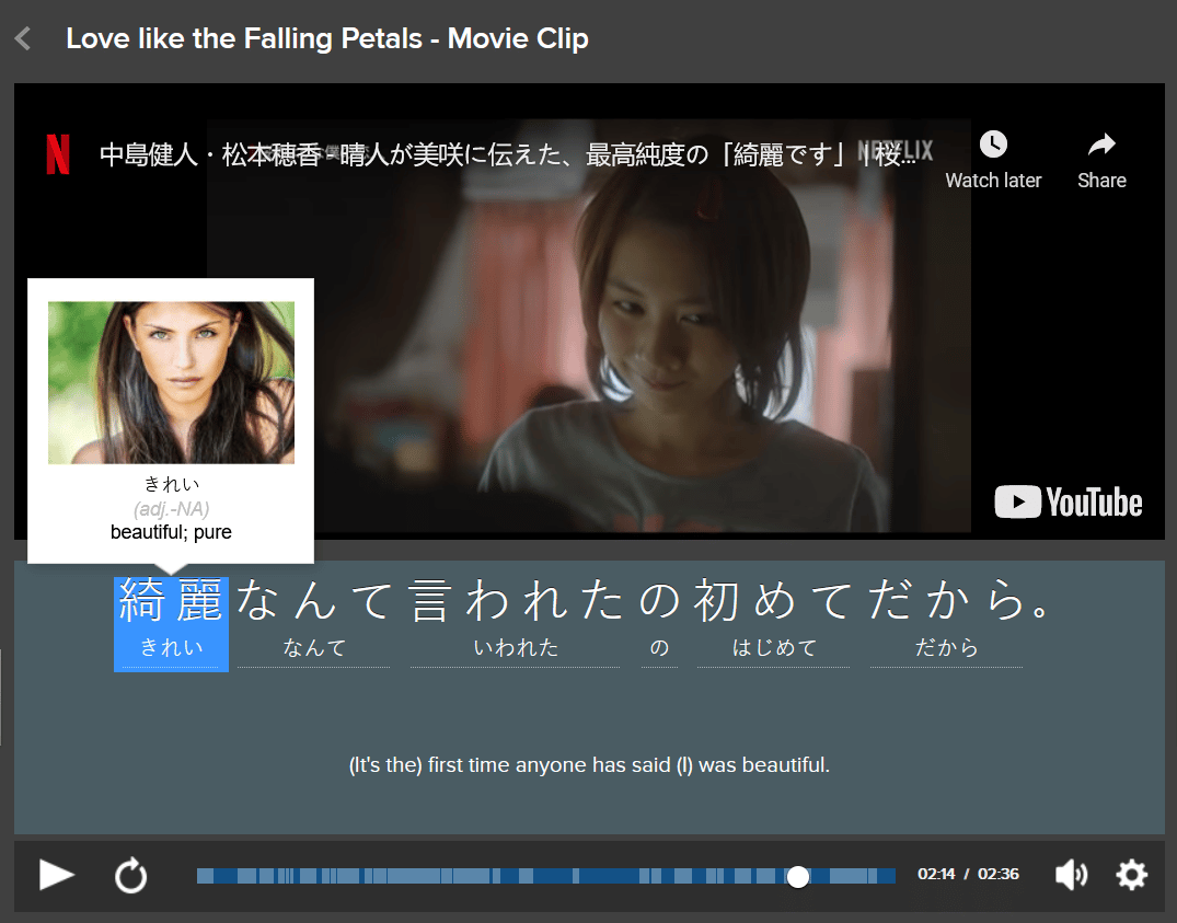 fluentu screenshot of a japanese movie clip showing japanese and english text and video controls