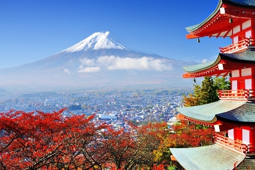 beautiful scene of japanese temple in front of a mountain