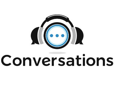 japanese conversations logo of headphones on a circle with blue ellipses above the word conversations