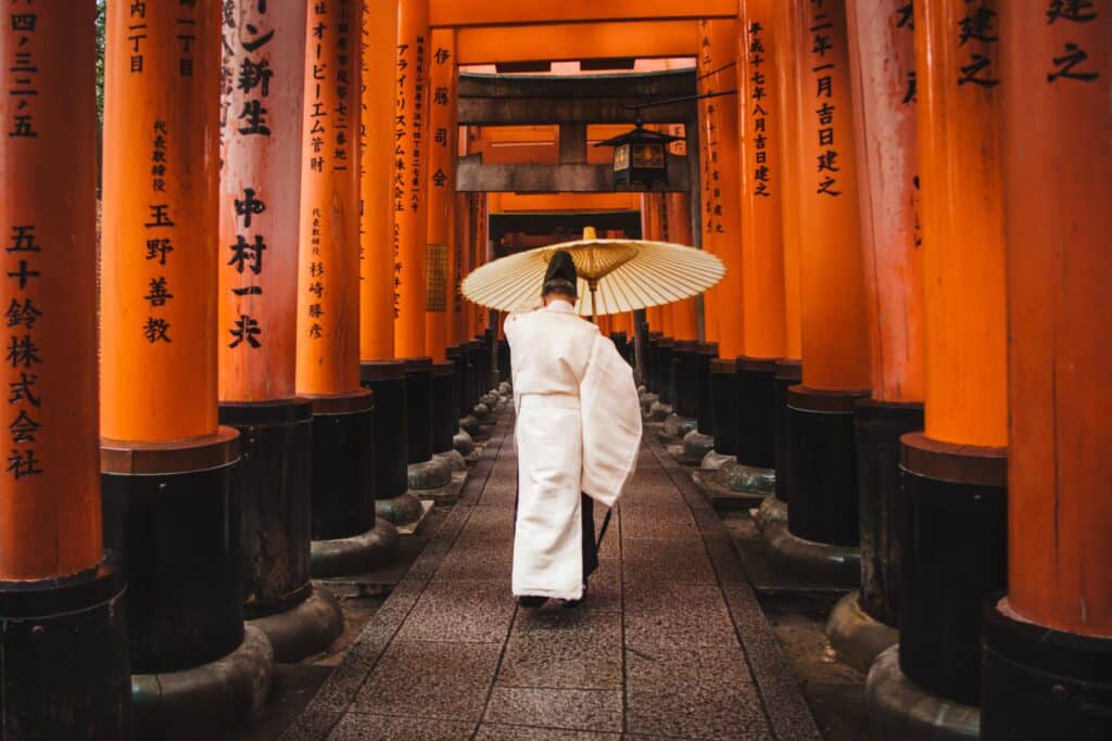 Woman walking in a Japanese temple with an umbrella