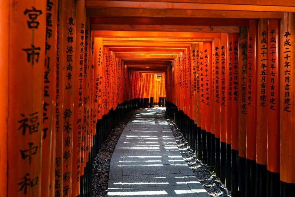 Orange painted gates at a Japanese temple