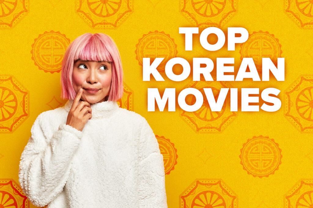 woman with pink hair looking curiously at text that says "top korean movies"