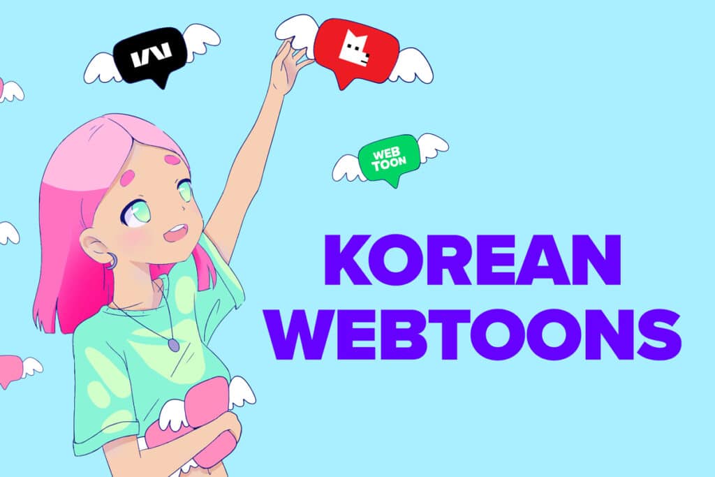 Girl on blue background with webtoon logos