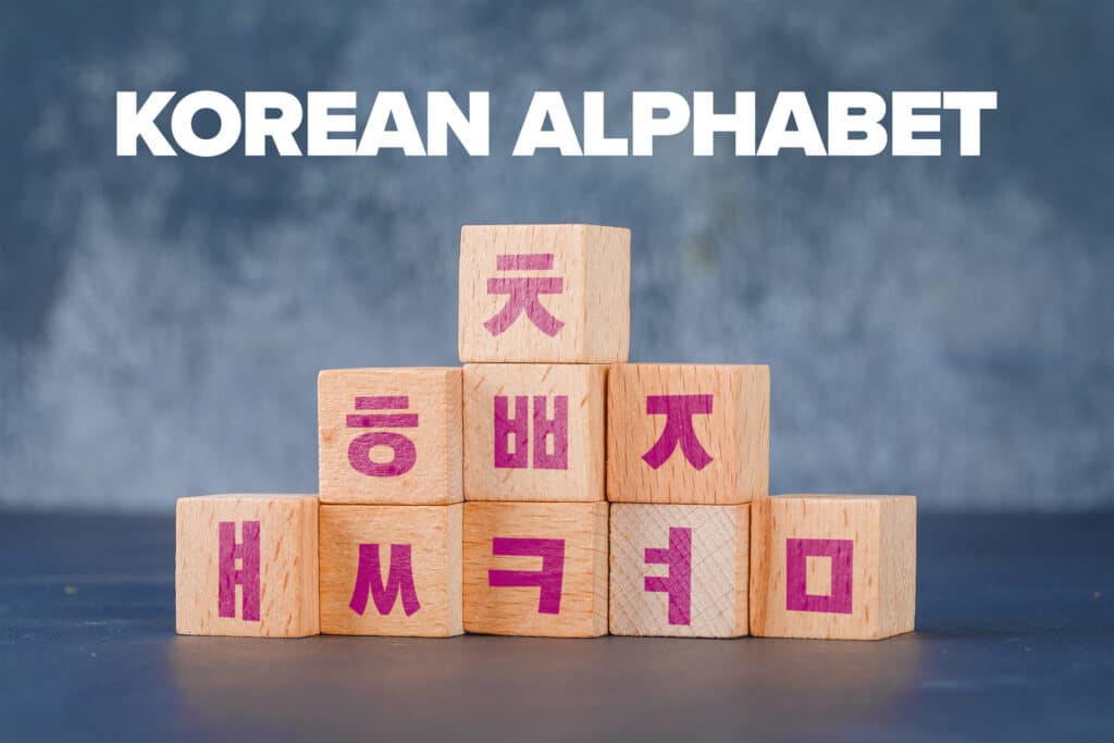 The text 'Korean alphabet' next to blocks with Hangul symbols on them