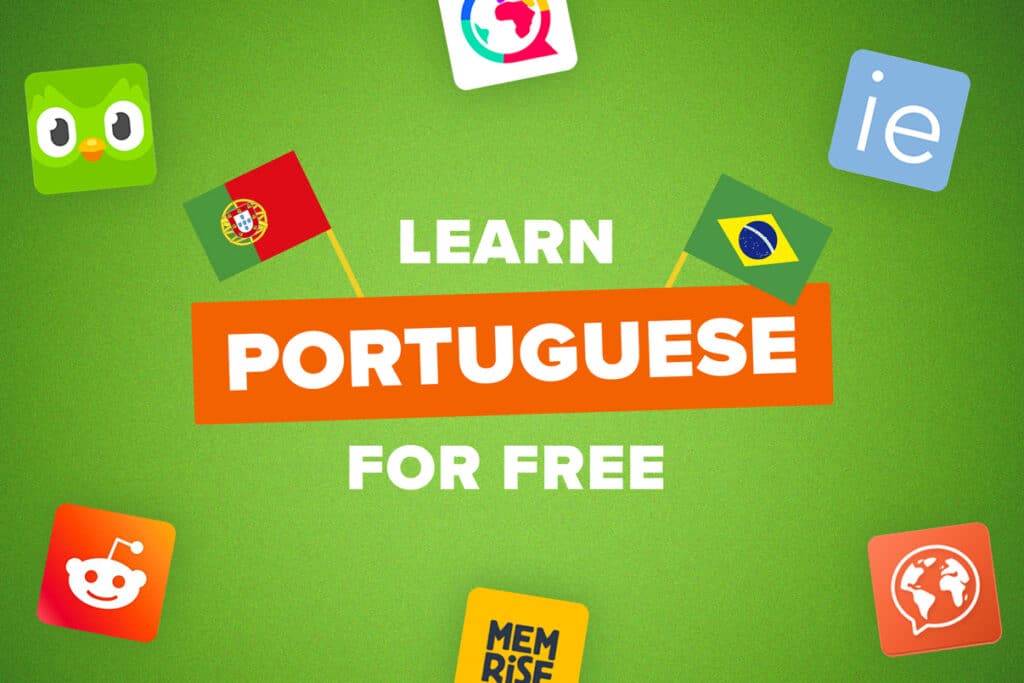 brazilian and portuguese flag against green background with the words "learn portuguese for free"