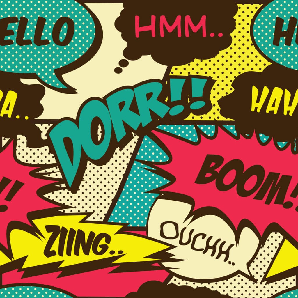 onomatopoeia words against bright colored comic book background
