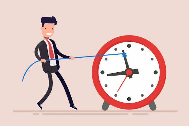 cartoon of a man in a suit pulling a clock with a rope