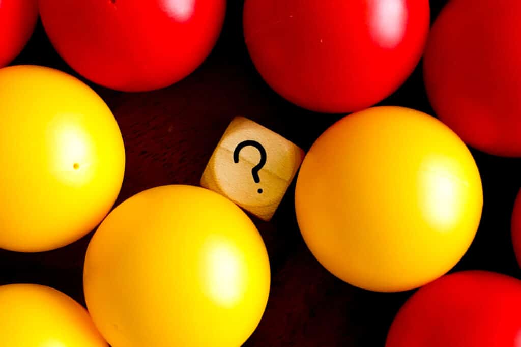 A question mark block in the middle of red and yellow balls