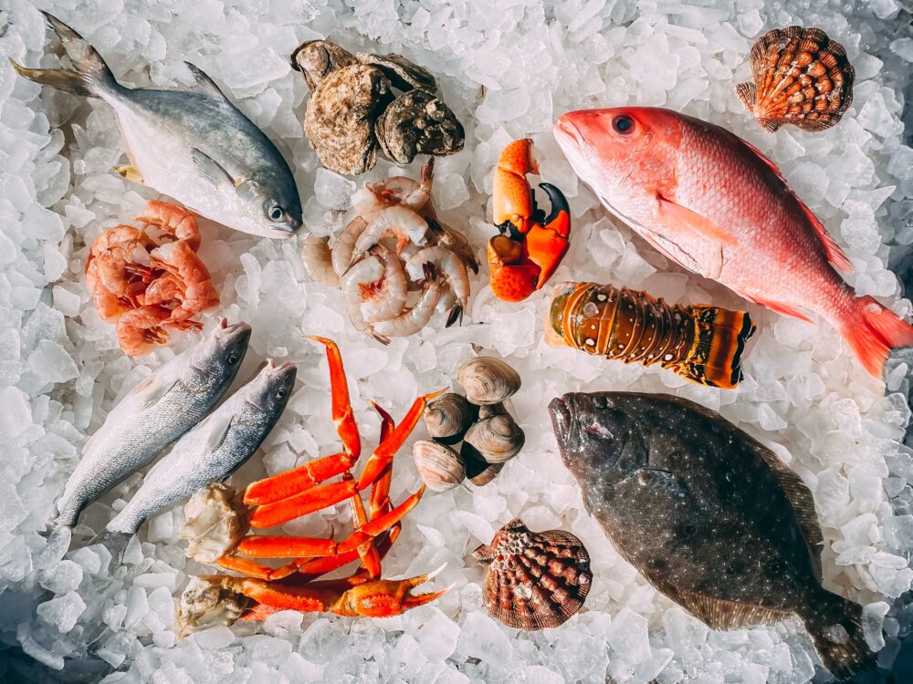 Various seafood on ice.