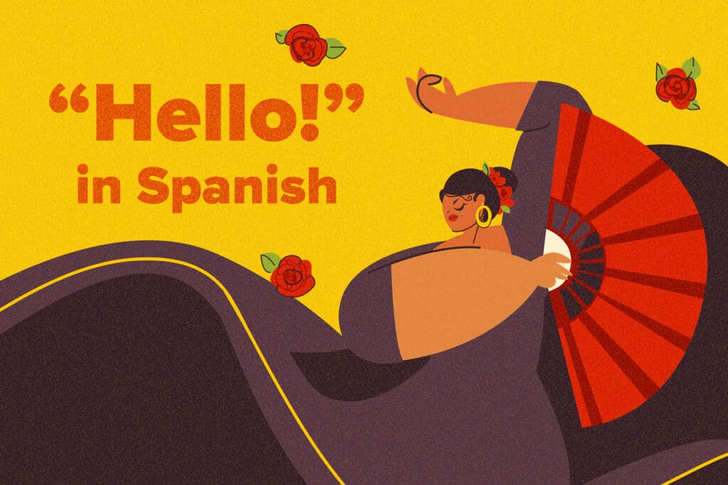 A flamenco dancer with the text Hello in Spanish