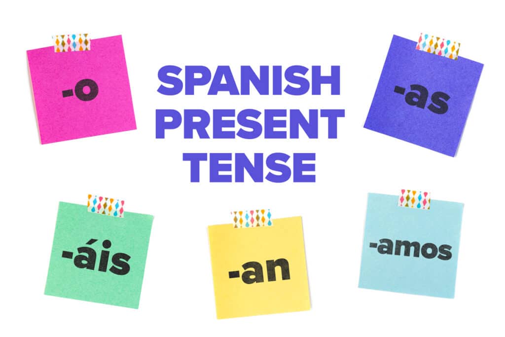 spanish present tense endings on sticky notes against white background