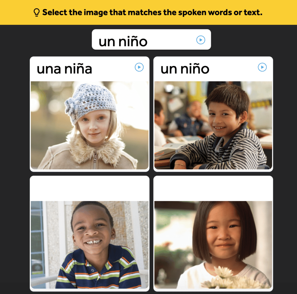 screenshot from rosetta stone showing a quiz item where the word is said out loud then you have to match it with an image