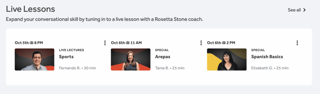 screenshot from rosetta stone showing their live lessons