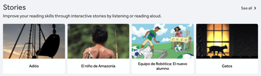 screenshot from rosetta stone showing its stories section