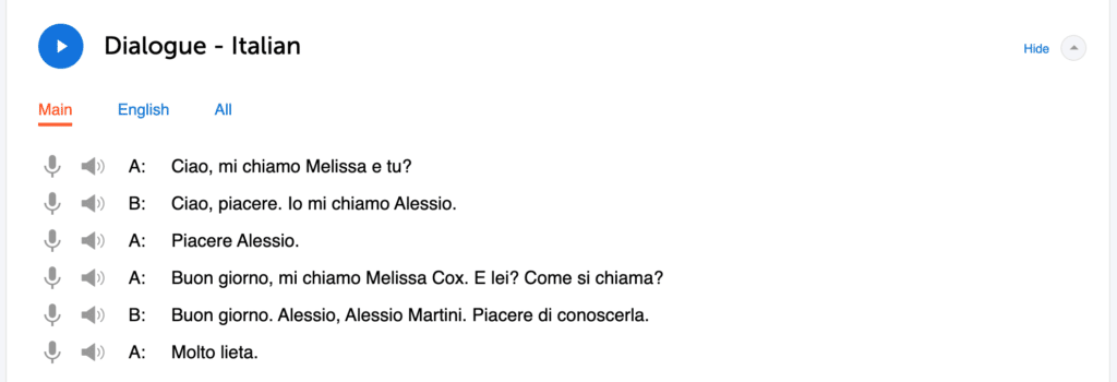 Screencap showing an example of ItalianPod101's dialogue exploration widget